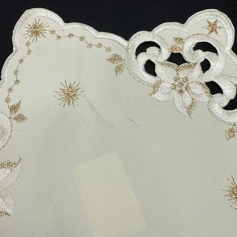 Set 3 German Embroidered Christmas Doilies Star Shaped Gold Thread 9” Table Mats